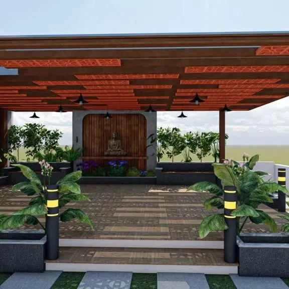I can help you visualize your dream terrace before we even lay the first stone. This design shows a complete rooftop oasis with a wooden pergola, elegant lighting, comfortable seating, and lush greenery, creating a perfect space for relaxation and entertainment.