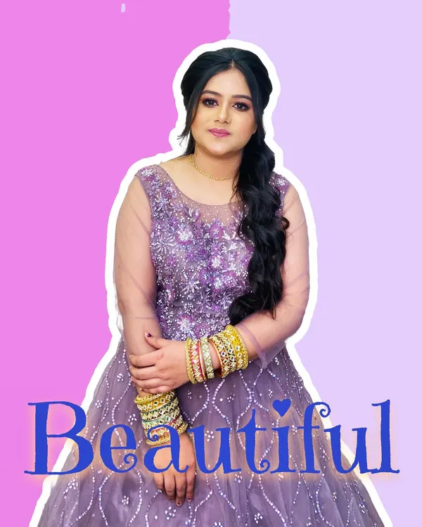 A beautiful client ready for a party in a lavender gown. The makeup is soft and pretty, with a focus on glowing skin and a simple, elegant hairstyle.