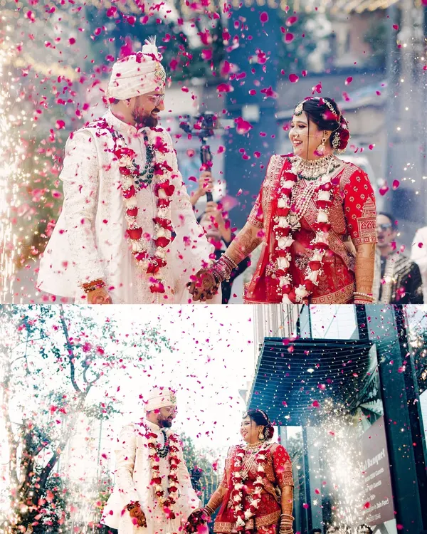 A truly grand exit for the newlyweds. This collage captures the moment Nidhi and Yash walk hand-in-hand after their ceremony, showered with rose petals and surrounded by celebratory sparklers. A perfect end to a beautiful Jain wedding ceremony.