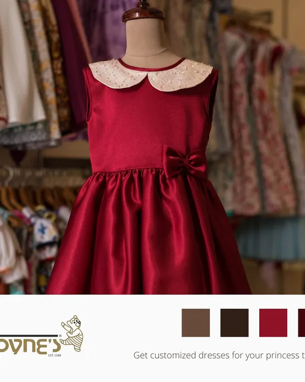 This elegant red satin dress is a classic choice for any special occasion. Displayed in my studio, you can see the beautiful sheen of the fabric and the sparkling Peter Pan collar.