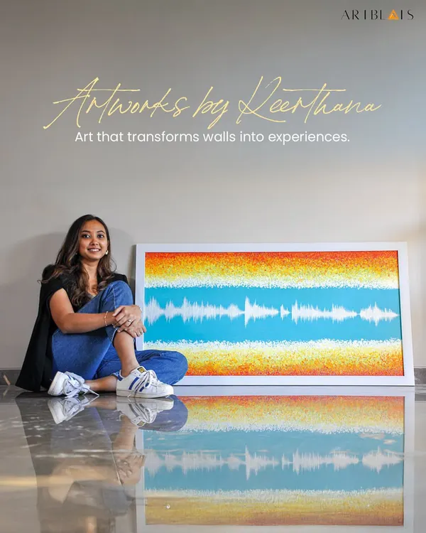 This piece, with its vibrant soundwave-like pattern, is an example of how I transform abstract concepts into visual experiences. Pictured here in my studio, the reflection on the floor shows how a single artwork can interact with and change the energy of a space.