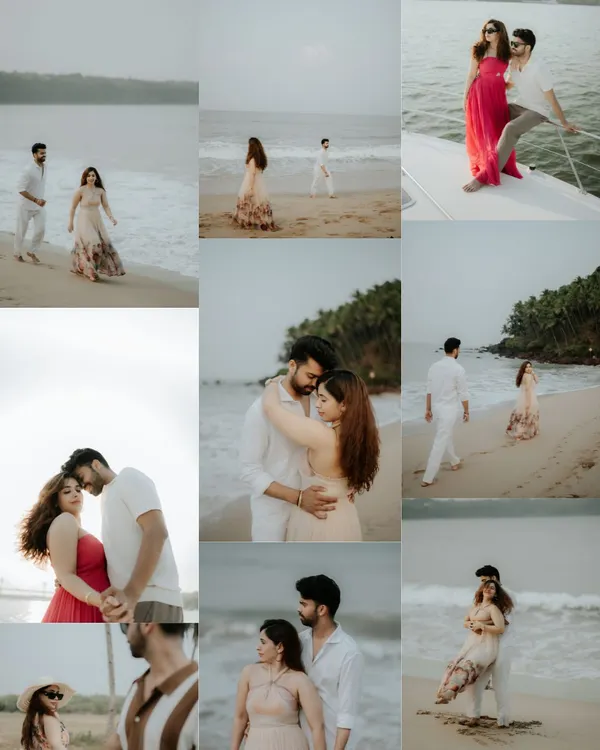 A collage of a romantic Goa pre-wedding shoot, capturing moments on the beach, on a yacht, and in quiet embrace, telling a complete story of a seaside escape.