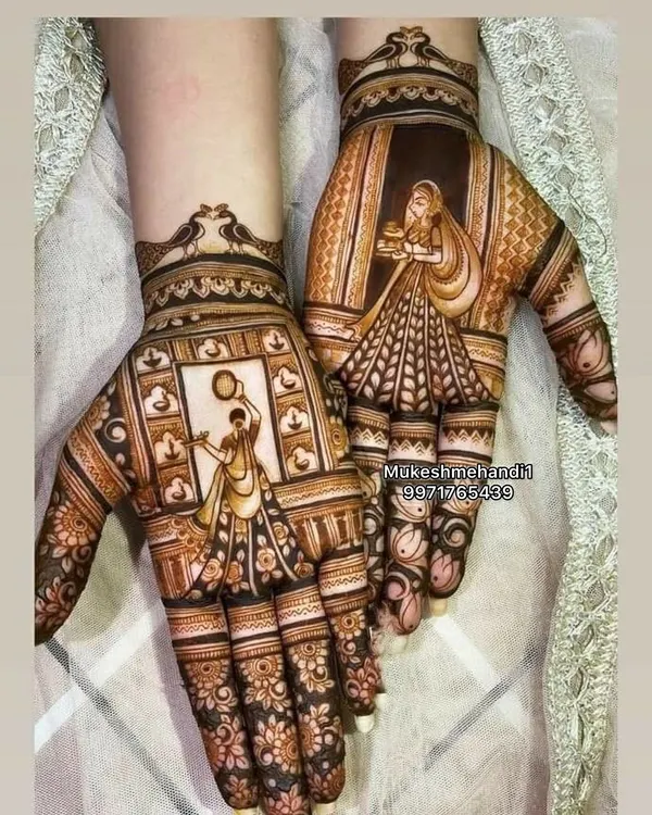 A beautiful design for Karwachauth, featuring a woman with a pooja thali and another dancing. I can create any festive theme you like.