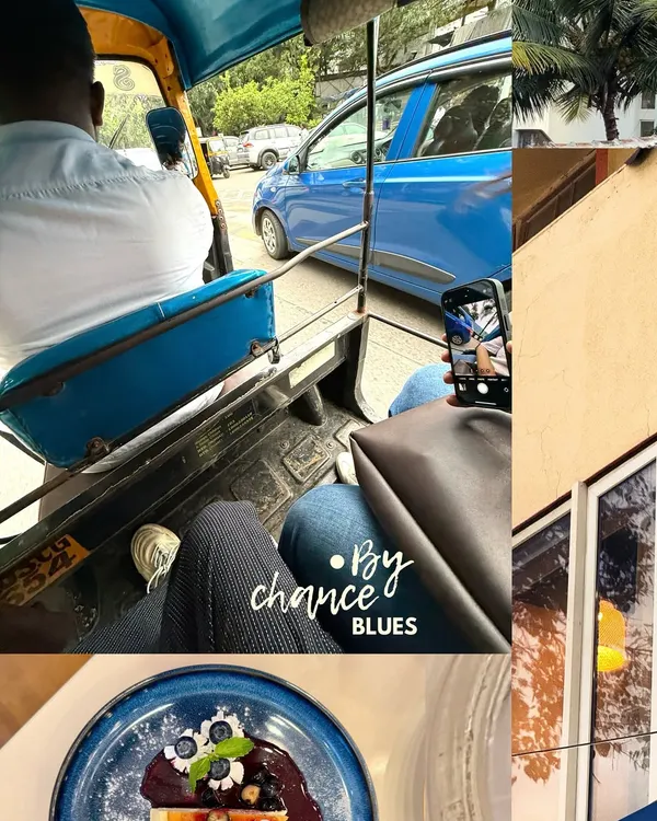 A collage of 'by chance blues'. This collection of moments, from an auto-rickshaw interior to a blueberry cheesecake, shows how a single color can tie a whole day together.