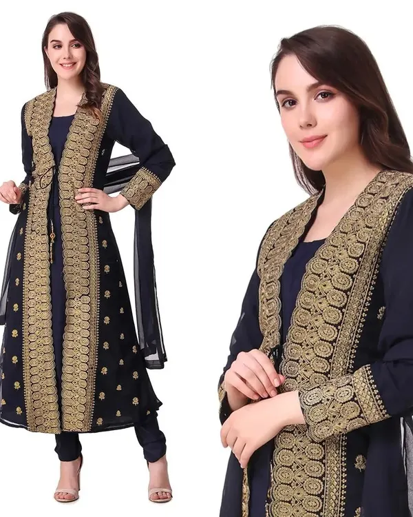 A crisp e-commerce shot for an ethnic wear brand, featuring an international model. This image is optimized for marketplace listings on platforms like Myntra and Amazon, focusing on clear product presentation.