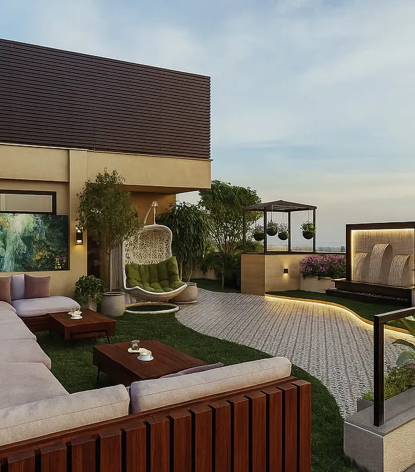 This is where dreams begin. A detailed 3D visualization of a multi-level terrace in Houz Khas, showing how I map out every element, from the plush L-shaped sofa and tranquil water feature to the specific placement of plants, ensuring the final result is exactly what you envision.