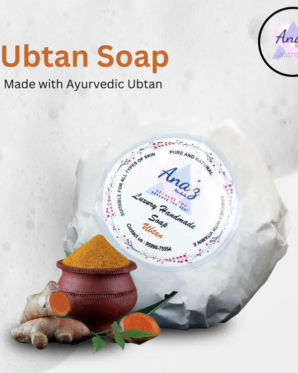 This is my Ubtan Soap, made with a traditional Ayurvedic recipe. It features ingredients like turmeric, which is known for its skin-brightening properties, all packed into a convenient and luxurious handmade soap bar.