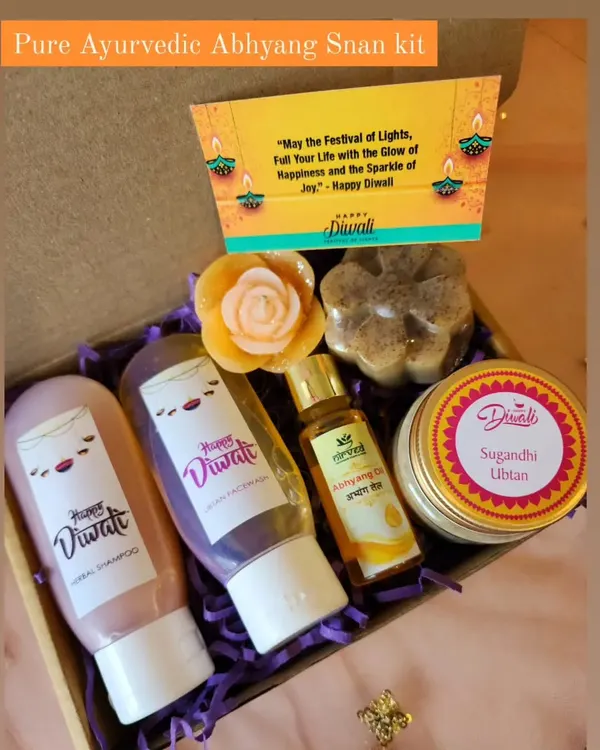 This is my Pure Ayurvedic Abhyang Snan Kit, curated for a rejuvenating bathing experience. It includes Abhyang Oil, Ubtan soap, Sugandhi Ubtan, Herbal Shampoo, and more for a complete wellness ritual.