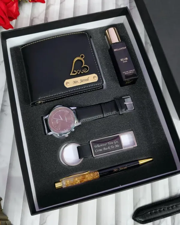 This all-in-one gift box for him includes a personalized wallet, watch, pen, keychain, and a bottle of perfume. It's a complete, thoughtful package for birthdays or anniversaries.
