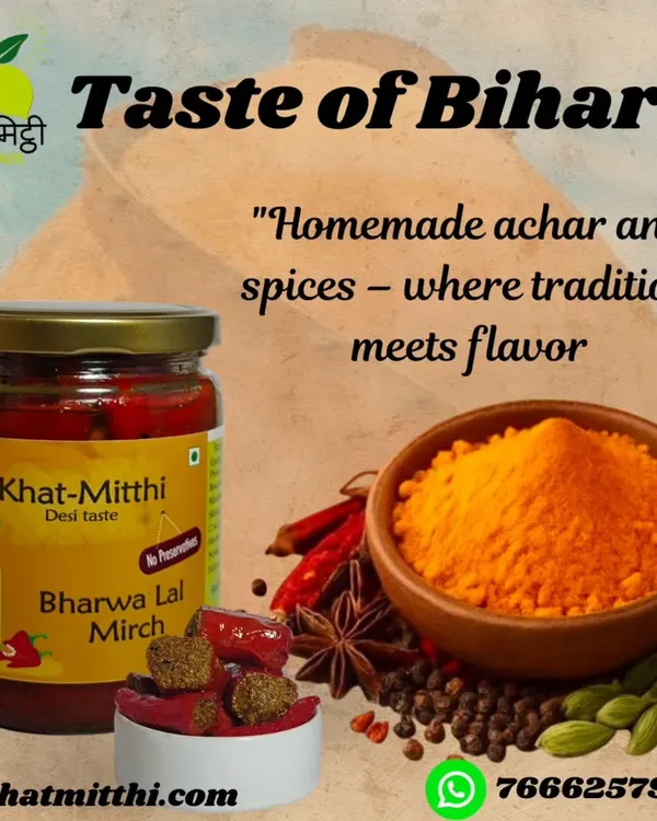 Bringing you the authentic Taste of Bihar with my Bharwa Lal Mirch pickle and homemade spices. This image captures the essence of my brand, where traditional recipes and pure flavours meet.
