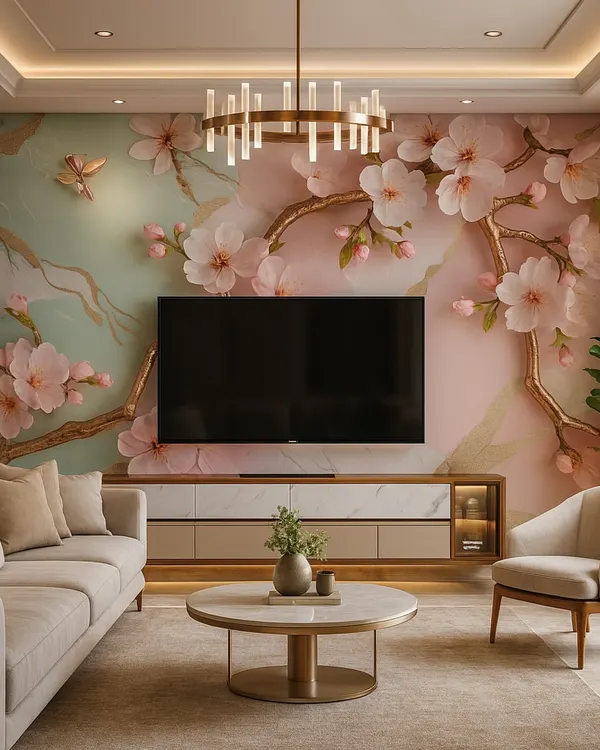A beautiful TV unit backdrop featuring a 5D wallpaper with cherry blossoms. The design creates a serene and artistic focal point, perfectly complementing the minimalist TV console and modern chandelier.