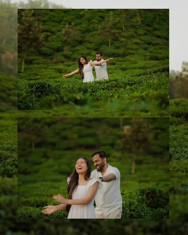 Laughter echoing through the tea gardens. We love capturing these joyful, uninhibited moments during our pre-wedding shoots, letting the couple's personality shine through.