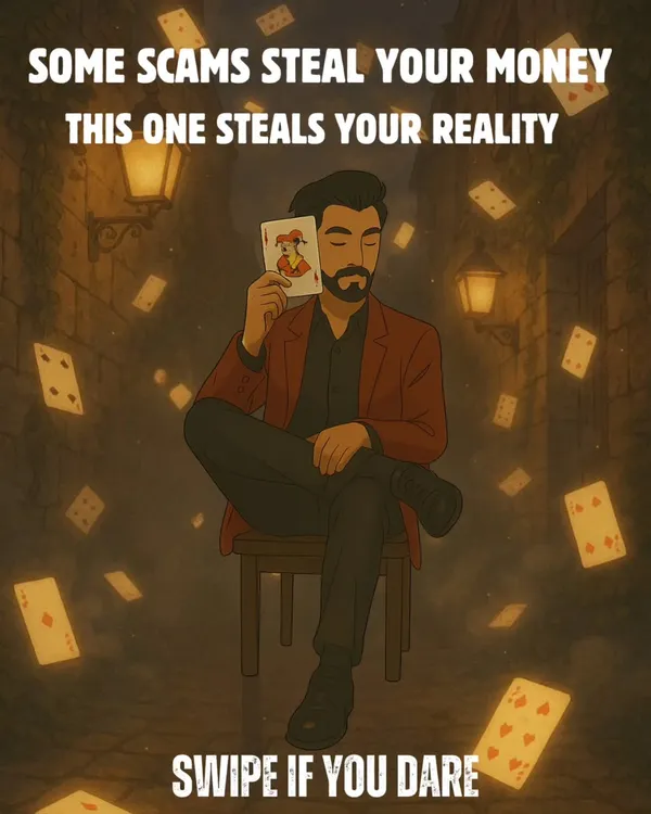 Some scams steal your money, this one steals your reality. A promotional poster for my live show, 'The Scam'. Swipe if you dare.