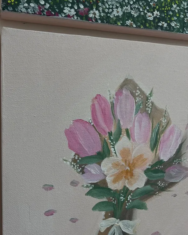 A close-up of a floral bouquet painting, part of a custom gallery wall set. This piece was inspired by a client's "girly aesthetic" Pinterest board.