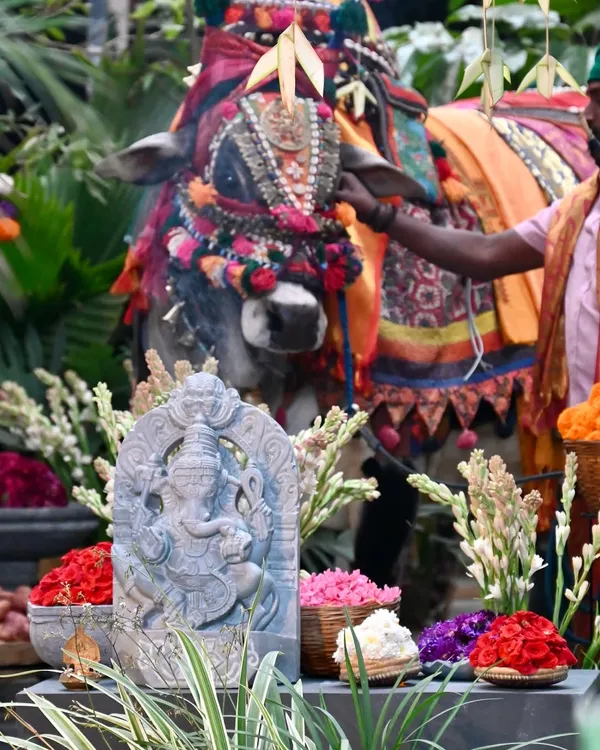 A handcrafted Ganesha statue sits amongst fresh flowers and a decorated bull during a Makar Sankranti celebration, blending our art with cultural festivities.