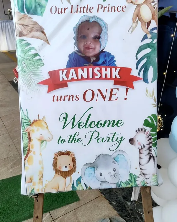 The welcome sign for Kanishk's first birthday party. I work with you to ensure every detail, from the decor to the activities, aligns with your theme.