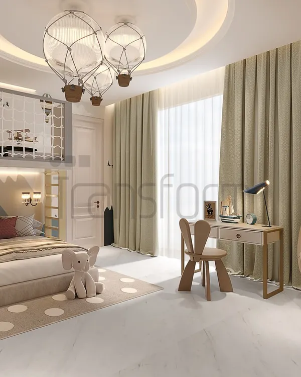 I designed this adorable world for a child, where every detail is curated to ignite joy and inspire imagination. The space features a bunk bed with a slide, a cozy swing chair, and a playful, adventure-themed wallpaper.