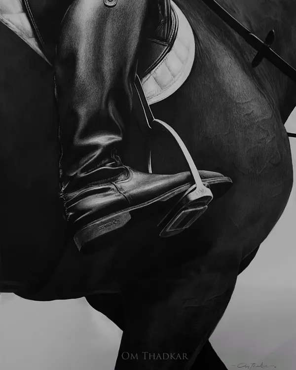 Titled 'Leather & Flesh', this piece is a study in textures. I meticulously drew the contrast between the smooth, polished leather of the riding boot and the powerful, muscular form of the horse, highlighting the unique bond in equestrian sport.
