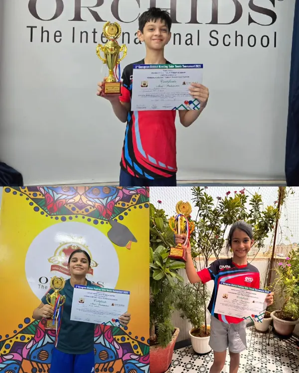 A fantastic showing at the 2nd Gurgaon District Table Tennis Tournament. This collage celebrates our medal winners Manan and Tarika who won gold, and Prisha who secured silver, along with other promising players who reached the quarter and pre-quarter finals.