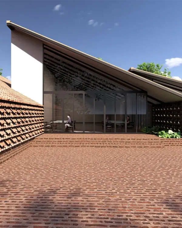 A rendering of the Benaras restaurant project, showing the relationship between the traditional tiled roof and the modern glass facade. The design creates a bright, open dining area that looks out onto a brick-paved courtyard, blending vernacular and contemporary styles.