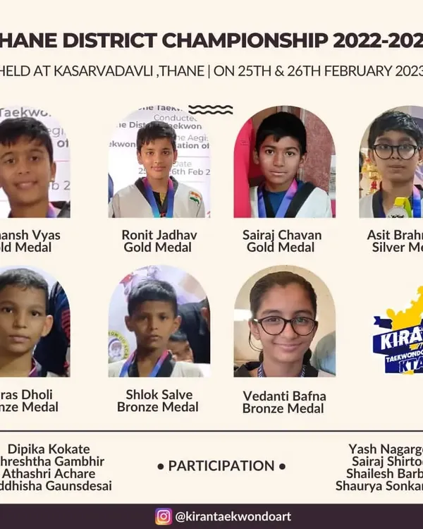 A snapshot of our winners from the Thane District Championship. It was a great performance by everyone, with Yohansh, Ronit, and Sairaj winning gold. This is what state level Taekwondo coaching prepares you for.
