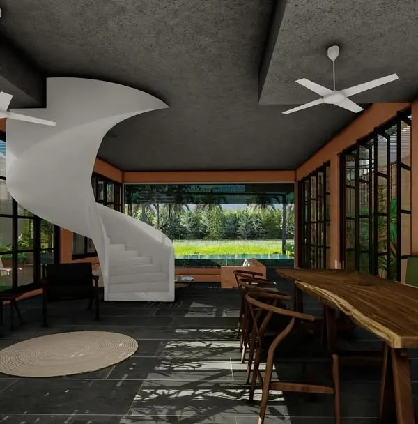 The dining and living area of the Corgao villa concept, featuring a striking white spiral staircase that acts as a functional sculpture. The space is lined with large windows, ensuring that the lush green exterior is a constant backdrop to daily life.