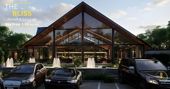 This is the front elevation render for The Bliss Resort & Banquet, a 1.29-acre project. Our design features a striking glass facade and integrated water fountains to create a grand and welcoming entrance.