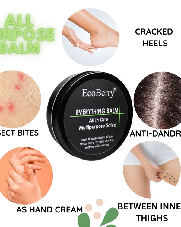 Have you heard about our 'Everything Balm'? This infographic showcases its many uses, from healing cracked heels and soothing insect bites to acting as a hand cream and an anti-dandruff scalp treatment.