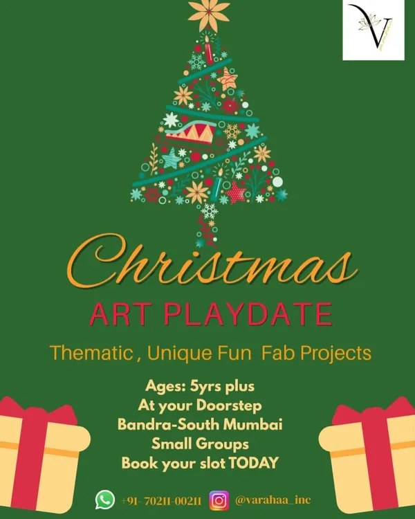 Announcing my Christmas Art Playdate, delivered right to your doorstep from Bandra to South Mumbai. This poster details the festive, themed projects I offer for small groups to make the holiday season extra special for kids.