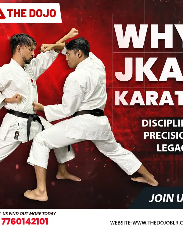 Two practitioners engage in JKA kumite, demonstrating the discipline and precision that this traditional style demands. Every block and strike has a purpose.