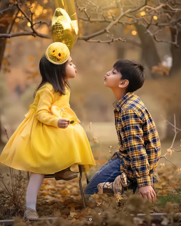 An artistic edit of a sweet sibling moment during an outdoor birthday photoshoot. The warm, dreamy tones of the background add a touch of magic to their playful pose.
