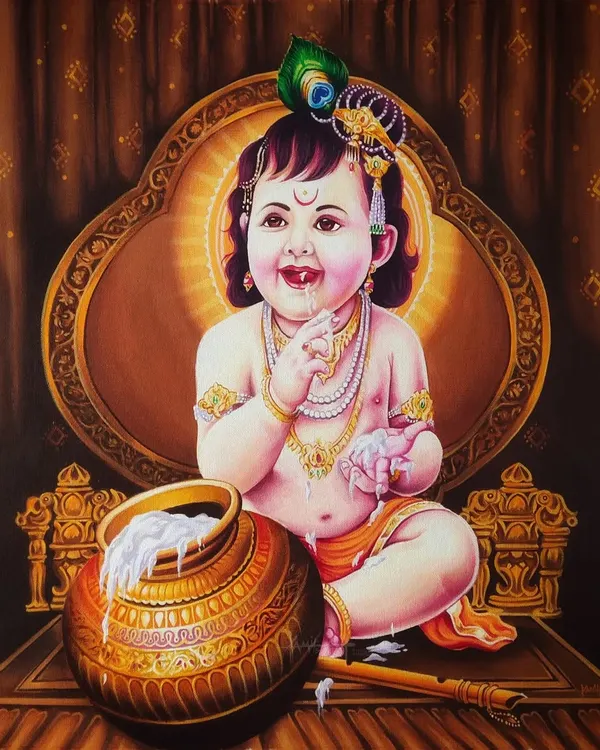 A detailed acrylic painting of Little Krishna, playfully enjoying a pot of butter. This 20 by 20 inch canvas captures his divine innocence and charm, with intricate details on his jewelry and expression.