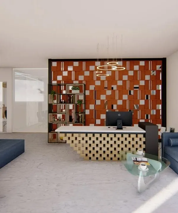 A modern office reception area designed to be both functional and impressive. This render showcases complex elements like the parametric desk design and the decorative partition screen, all modeled in SketchUp and rendered for a realistic look.