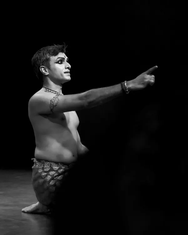 A black and white moment from 'ATAH - connecting the dots', a duet performance with Parshwanath Upadhye. The stark contrast highlights the form and expression.