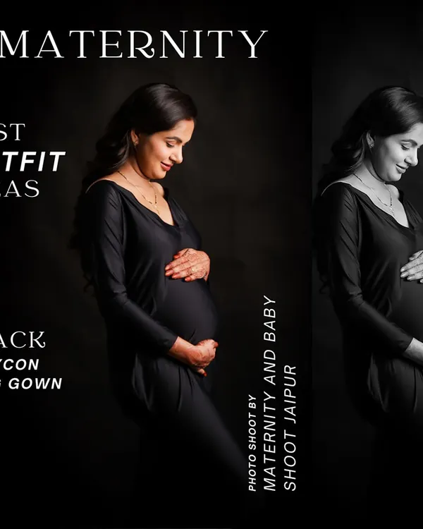 A classic black and white diptych showing a side profile of a mother-to-be in a black bodycon gown. This minimalist style emphasizes the beautiful silhouette of the baby bump.