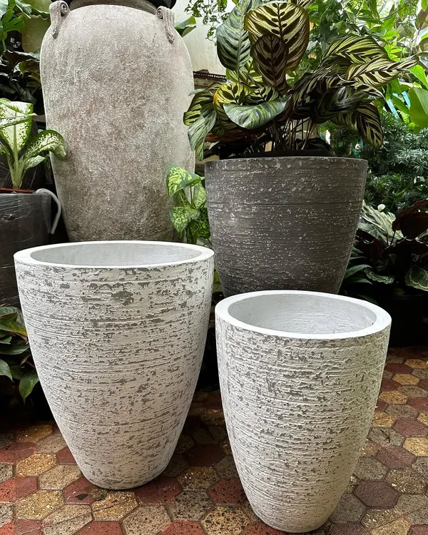 I love the texture of these lightweight concrete planters. They provide a modern, industrial look without the heavy weight, making them versatile for both indoor and outdoor use. This collection comes in various shapes and sizes.