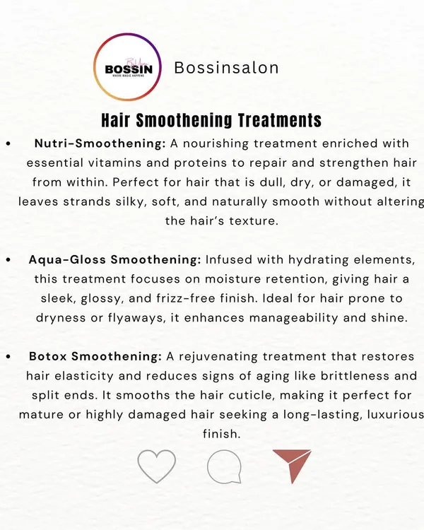 This graphic explains the key benefits of my top three hair smoothening treatments: Nutri-Smoothening for repair, Aqua-Gloss for hydration, and Botox for rejuvenation.