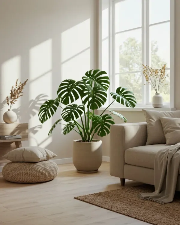 This is the essence of a tranquil home. We selected this magnificent Monstera Deliciosa to be the living centerpiece of this serene, sunlit room, creating a perfect blend of modern design and natural elegance.