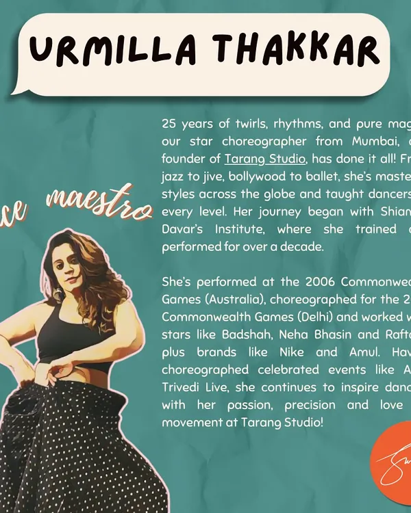 Honored to be featured as a "dance maestro" for Sweat Fest Mumbai. This graphic highlights my 25-year journey in dance, from training and performing globally to founding my own studio, Tarang.