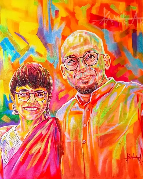 A perfect example of my vibrant style, this acrylic couple's portrait uses a spectrum of colors to create energy and emotion.