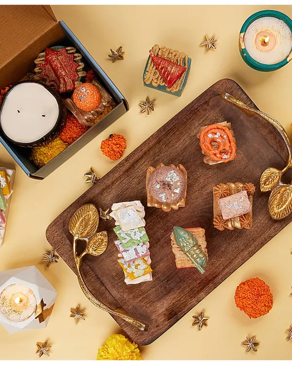 These might look like festive sweets, but they're my Mithai-shaped soaps. I craft them to look like popular Indian desserts, complete with matching fragrances, making them a fun and unique gift.