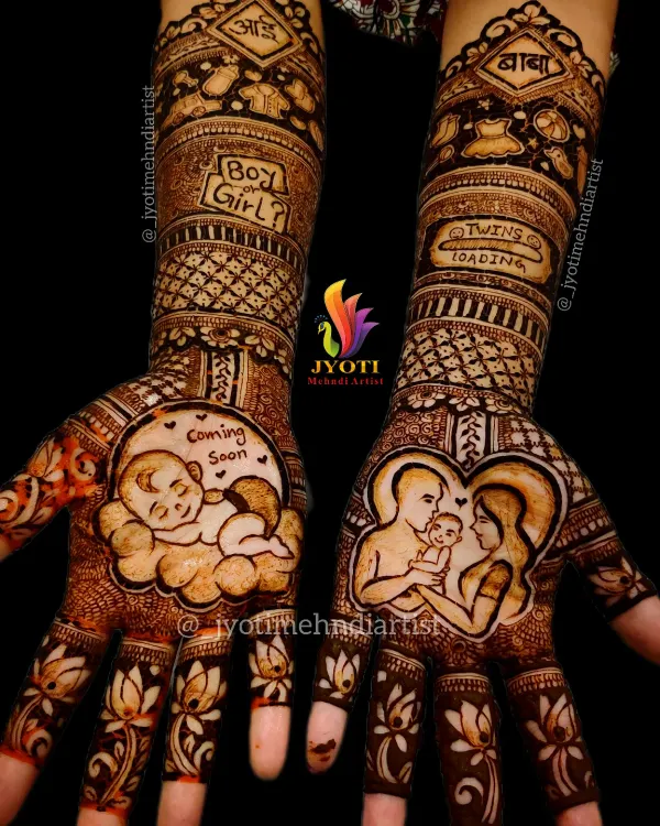 My course teaches you to go beyond traditional designs. You will learn to create unique, themed mehndi for special occasions like this detailed baby shower design, featuring portraits, text, and charming baby-related motifs.