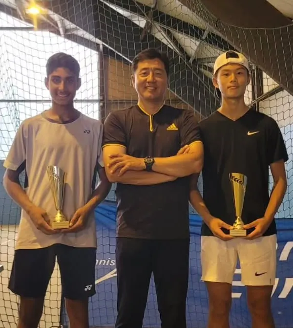 Tavish Pahwa with his partner Kim Dongjae of Korea after winning their first U14 Category 1 European ranking doubles title. This was part of a series of lead-up tournaments in Europe as they prepared for the Junior World Championship.