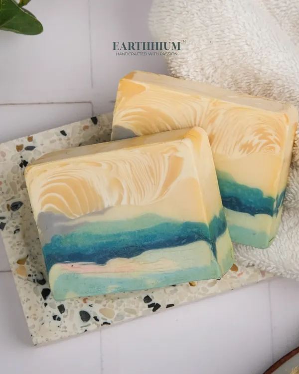 This cold-pressed soap captures the feeling of a serene, abstract seascape. I use a swirling technique with skin-safe colorants to create these unique patterns, making each bar one of a kind.