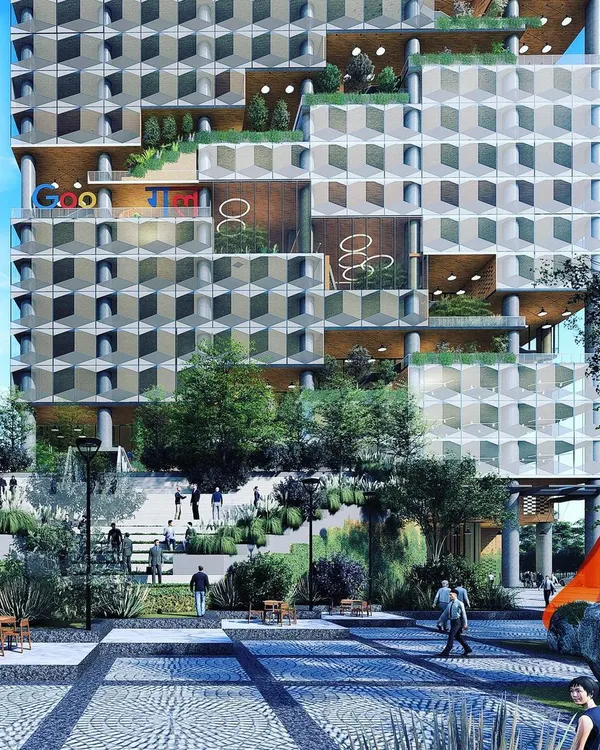 A ground-level view of the Urban Ladder campus concept, showing the interaction between the innovative building facade and the public green space. The design encourages social gathering and brings energy from the city into the workplace.