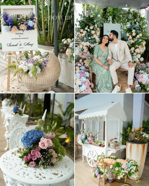 A collage from a beautiful Godh Bharai and vow renewal ceremony. The decor featured a soft pastel palette, a cute cart for favors, and elegant seating, perfect for an intimate family celebration.