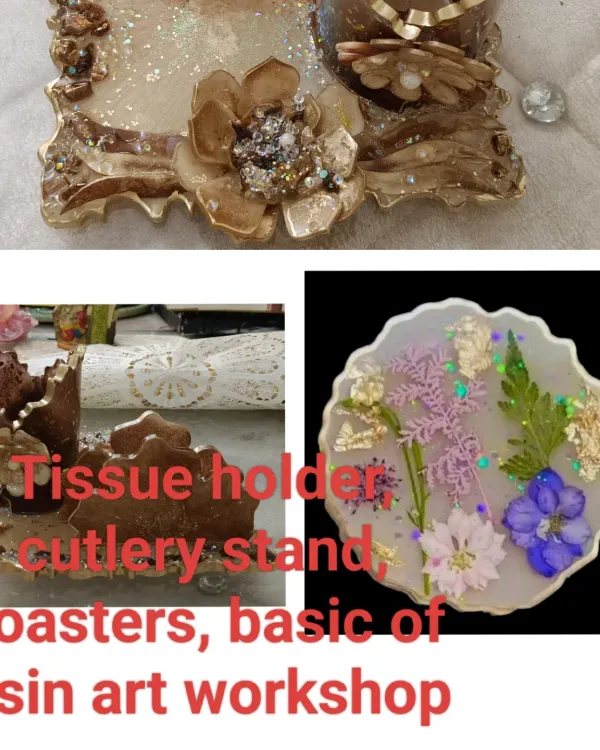 I offer a variety of online professional resin art workshops, including basics for beginners where you can learn to make a tissue holder, cutlery stand, and coasters. Join me to start your resin art journey.