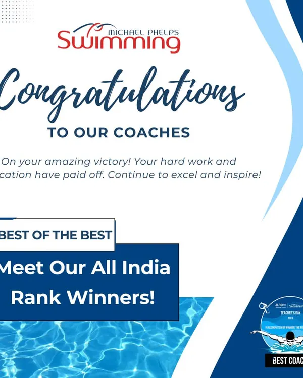 We are proud to celebrate the best of the best. This graphic congratulates our All-India Rank winning coaches, whose hard work, dedication, and expertise have paid off. They continue to excel and inspire the next generation of swimmers.