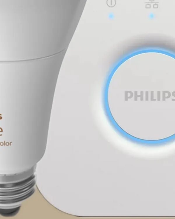 We integrate Philips Hue, the world's leading smart lighting brand. This image shows the core components: a Philips Hue smart bulb, which can produce millions of colors, and the Hue Bridge, which connects your lights to your smart home network.