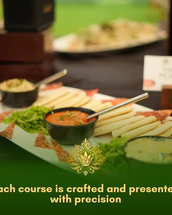 We also specialize in international flavors, such as this beautifully arranged Mezze Platter. It features freshly baked pita bread served with classic dips like hummus and muhammara, perfect for a modern, global touch at your event.
